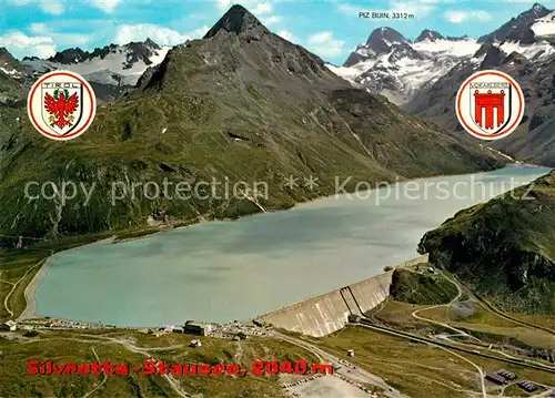 AK / Ansichtskarte Partenen_Vorarlberg Silvretta Stausee Staumauer mit Piz Buin Fliegeraufnahme Partenen Vorarlberg