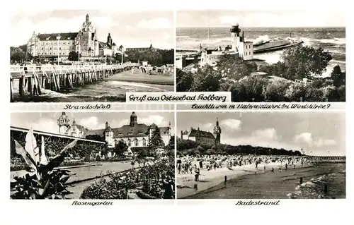 AK / Ansichtskarte Kolberg_Ostseebad_Kolobrzeg Strandschloss Leuchtturm Hafeneinfahrt Rosengarten Badestrand Kolberg_Ostseebad