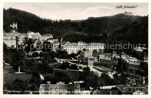 AK / Ansichtskarte Marienbad_Tschechien_Boehmen Parkanlagen Centralbad Neubad Cafe Ruebezahl Marienbad_Tschechien