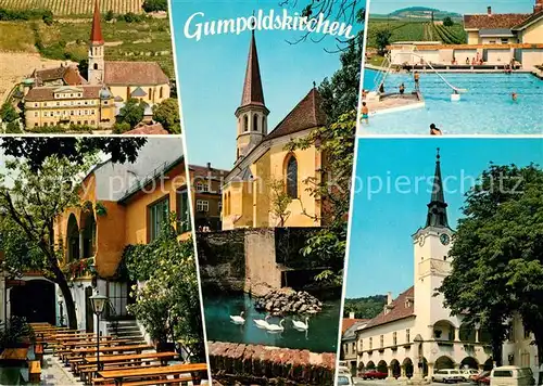 AK / Ansichtskarte Gumpoldskirchen_Niederoesterreich Teilansichten Weinort Kirche Schwanenteich Gaststaette Freibad Gumpoldskirchen