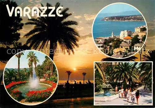 AK / Ansichtskarte Varazze Panorama Kueste Promenade Palmen Park Fontaene Sonnenuntergang Varazze
