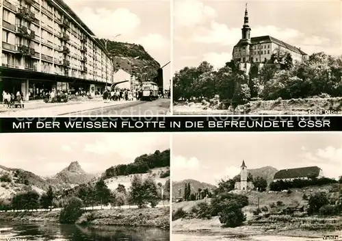 AK / Ansichtskarte Usti_nad_Labem Geschaeftsstrasse Schloss Decin Vrabinec Burgruine Sperlingstein Valtife Kirche Usti_nad_Labem