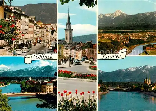 AK / Ansichtskarte Villach_Kaernten Landschaftspanorama Blick ueber die Drau Alpen Innenstadt Kirche Villach_Kaernten