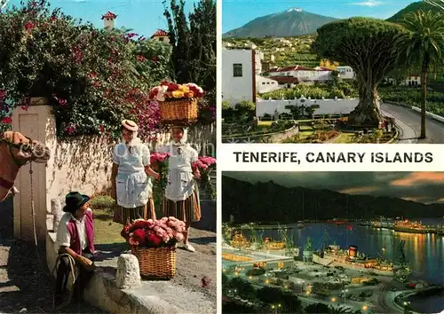 AK / Ansichtskarte Tenerife Inselbewohner Trachten Blumen Blick zum Vulkan Teide Hafen Nachtaufnahme Tenerife