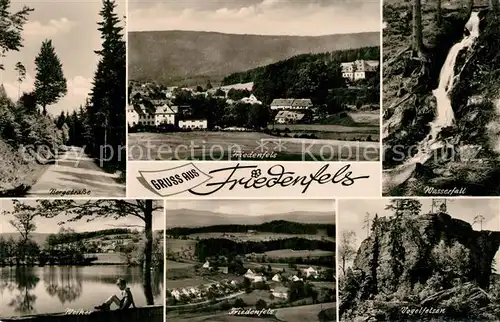 AK / Ansichtskarte Friedenfels Bergstrasse Wasserfall Weiher Friedensfels Vogelfelsen Friedenfels
