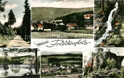 AK / Ansichtskarte Friedenfels Bergstrasse Wasserfall Weiher Friedensfels Vogelfelsen Friedenfels
