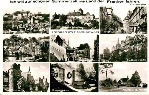 AK / Ansichtskarte Kronach_Oberfranken Total Veste Rosenberg Zeughaushof Hasslachpartie Bamberger Tor Stadtmauerpartie Kriegerdenkmal Kreuzberg Kronach Oberfranken