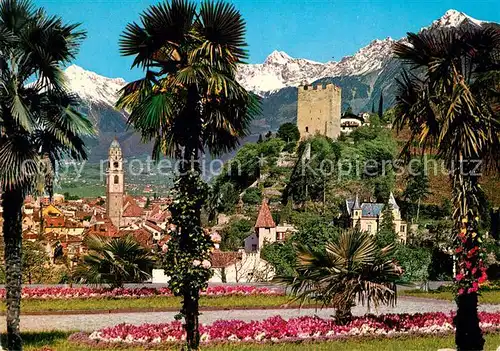 AK / Ansichtskarte Meran_Merano Kurpromenade Palmen Kirche Burg Texelgruppe Meran Merano