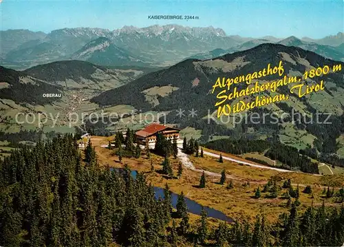 AK / Ansichtskarte Thierbach_Wildschoenau Berggasthof Schatzbergalm Blick zum Kaisergebirge Fliegeraufnahme Thierbach Wildschoenau