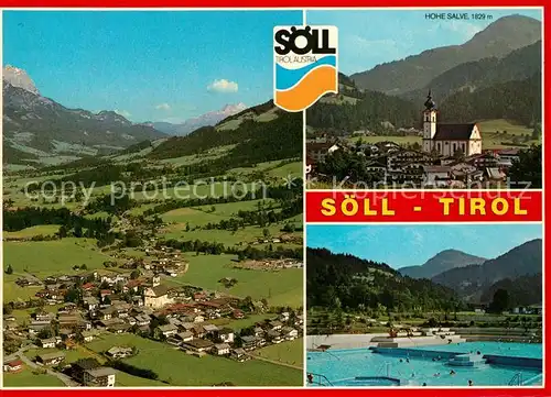 AK / Ansichtskarte Soell_Tirol Alpenpanorama Fliegeraufnahme Kirche Freibad Hohe Salve Kitzbueheler Alpen Soell_Tirol