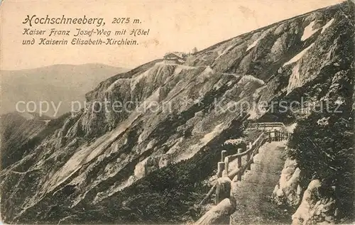 AK / Ansichtskarte Hochschneeberg Kaiser Franz Josef Weg mit Hotel und Kaiserin Elisabeth Kirchlein Hochschneeberg