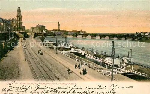 AK / Ansichtskarte Dresden Terrassenufer Dampfschiff Landungsplaetze Dresden