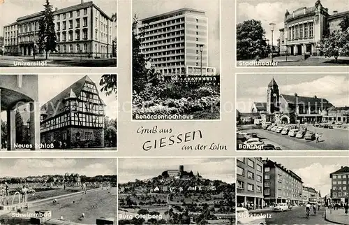 AK / Ansichtskarte Giessen_Lahn Universitaet Behoerdenhochhaus Stadttheater Neues Schloss Bahnhof Schwimmbad Burg Gleiberg Marktplatz Giessen_Lahn