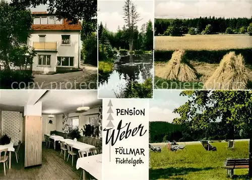 AK / Ansichtskarte Foellmar_Fichtelgebirge Pension Weber Gaststube Liegewiese Heuernte Foellmar Fichtelgebirge