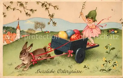 AK / Ansichtskarte Ostern_Easter_Paques Hase Kind Ostereier Weidenk?tzchen  