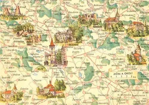 AK / Ansichtskarte Jicin und Umgebung Landkarte mit Sehenswuerdigkeiten Jicin