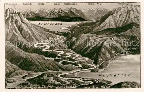 AK / Ansichtskarte Kochel_See Panoramakarte mit Walchensee Kochel_See