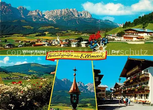 AK / Ansichtskarte Ellmau_Tirol Gesamtansicht mit Wilder Kaiser Kaisergebirge Ortsmotiv Hotel Glockenturm Ellmau Tirol