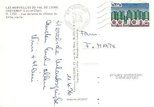 AK / Ansichtskarte Cheverny Chateau du XVIIe siecle vue aerienne Collection Les Merveilles du Val de Loire Cheverny