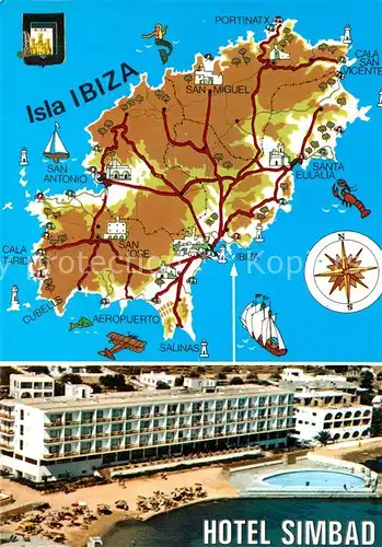 AK / Ansichtskarte Ibiza_Islas_Baleares Hotel Simbad Strand Fliegeraufnahme Landkarte Mittelmeerinsel Ibiza_Islas_Baleares