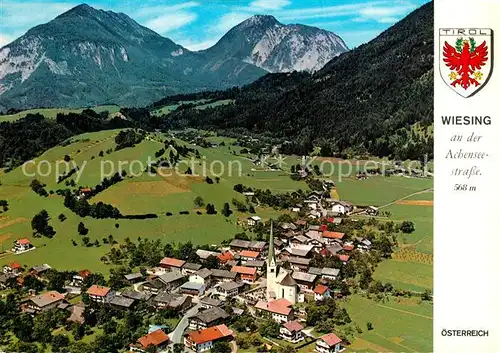 AK / Ansichtskarte Wiesing_Tirol an Achenseestrasse mit Stanserjoch Baerenkogel Karwendel Fliegeraufnahme Wappen Wiesing Tirol