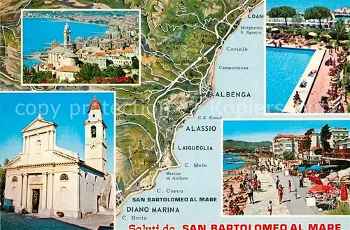 AK / Ansichtskarte San_Bartolomeo_al_Mare Kuestenpanorama Kirche Strand Promenade Swimming Pool Landkarte San_Bartolomeo_al_Mare