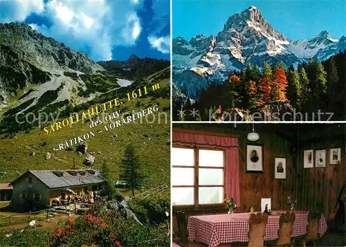 AK / Ansichtskarte Sarotlahuette gegen Eisernes Toerle Zimba Huettenstube Raetikon Sarotlahuette
