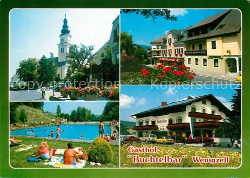 Wenigzell Ortsmotiv mit Kirche Gasthaus Buchtelbar Freibad Wenigzell