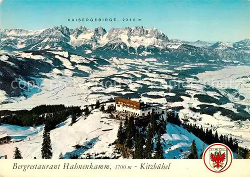 AK / Ansichtskarte Kitzbuehel_Tirol Bergrestaurant Hahnenkamm mit Kaisergebirge Fliegeraufnahme Kitzbuehel Tirol