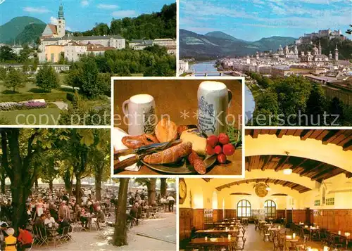 AK / Ansichtskarte Salzburg_Oesterreich Augustiner Braeustuebl Restaurant Gartenterrasse Stadtpanorama mit Festung Hohensalzburg Salzburg_Oesterreich