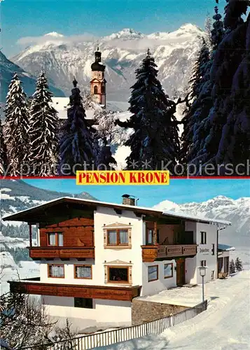AK / Ansichtskarte Fuegen Pension Krone Kirche Winterlandschaft Zillertaler Alpen Fuegen