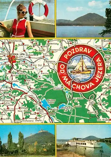 AK / Ansichtskarte Doksy_Hirschberg_See  Machovo jezero See Faehre Landschaftspanorama Burg Landkarte Rettungsring Doksy_Hirschberg_See 