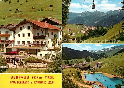 AK / Ansichtskarte Serfaus_Tirol Fremdenheim Pension Haus Bergland Kaufhaus Freibad Landschaftspanorama Alpen Serfaus Tirol