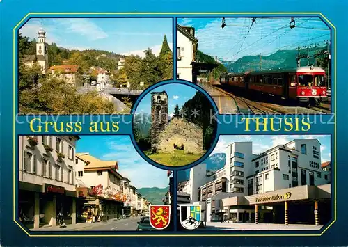 AK / Ansichtskarte Thusis Kirche Bahnhof Strassenpartien Ruine Thusis