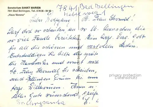 AK / Ansichtskarte Bad_Bellingen Sanatorium Sankt Marien Haus Verena Bad_Bellingen
