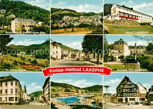 AK / Ansichtskarte Bad_Laasphe Schlossberg Sanatorium Haus Lahnblick Laasphetal Schloss Wittgenstein Koenigstrasse Schwimmbad Wittgensteiner Hof Bad_Laasphe