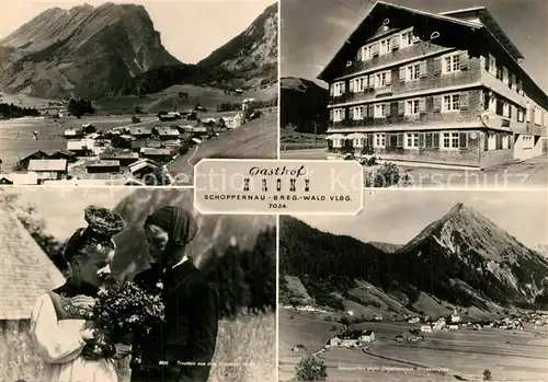 AK / Ansichtskarte Schoppernau_Vorarlberg Gasthof Krone Trachten Gesamtansicht mit Alpenpanorama Schoppernau Vorarlberg