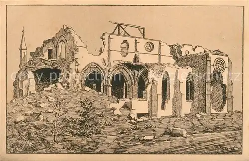 AK / Ansichtskarte Rouvres_Seine et Marne Kirche Truemmer 1. Weltkrieg Zeichnung Kuenstlerkarte Rouvres Seine et Marne