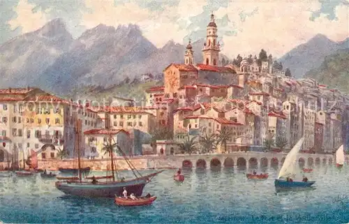 AK / Ansichtskarte Menton_Alpes_Maritimes Le Port et la ville Oilette Serie 993 No. 118 Kuenstlerkarte Menton_Alpes_Maritimes