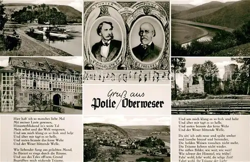AK / Ansichtskarte Polle_Oberweser Hotel Restaurant Zur Burg Portraits Dichter Dingelstedt Komponist Pressel Lied Panorama Polle_Oberweser
