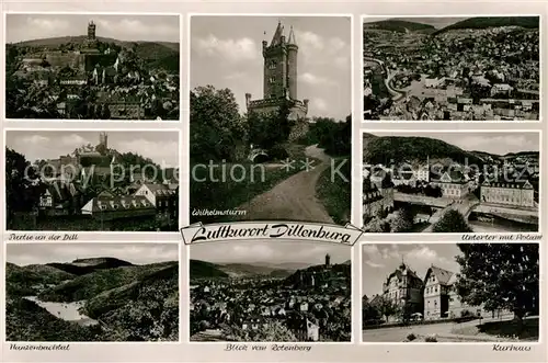 AK / Ansichtskarte Dillenburg Stadtpanorama mit Wilhelmsturm Rotenberg Kurhaus Untertor Postamt Nanzenbachtal Dillenburg