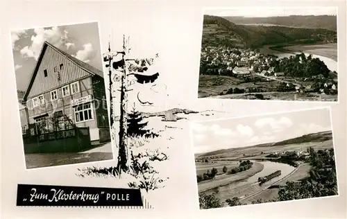 AK / Ansichtskarte Polle_Oberweser Gaststaette Zum Klosterkrug Landschaftspanorama Fliegeraufnahme Polle_Oberweser