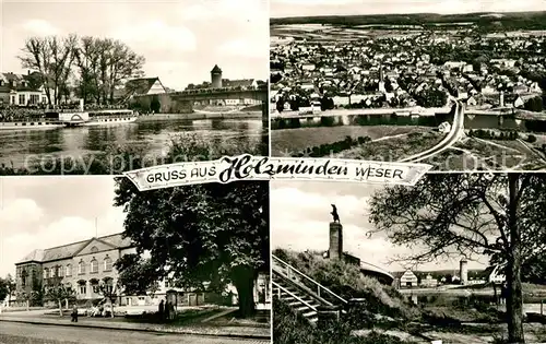 AK / Ansichtskarte Holzminden_Weser Partie an der Weser Hotel Denkmal Fliegeraufnahme Holzminden Weser