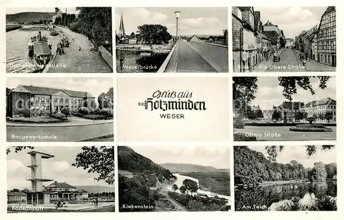 AK / Ansichtskarte Holzminden_Weser Dampferanlegestelle Baugewerkschule Badeanstalt Weserbruecke Kiekenstein Obere Strasse Teich Holzminden Weser