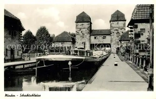 AK / Ansichtskarte Minden_Westfalen Schachtschleuse Frachtkahn Binnenschiffahrt Minden_Westfalen