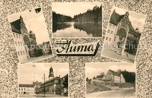 AK / Ansichtskarte Auma Weidatal Rathaus Postsaeule Jugendheim Marktplatz Sophienbad Auma Weidatal