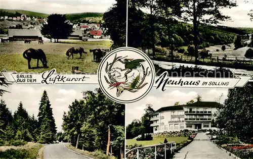 AK / Ansichtskarte Neuhaus_Solling Teilansichten Pferdekoppel Kurhaus Landschaftspanorama Wappen Neuhaus Solling