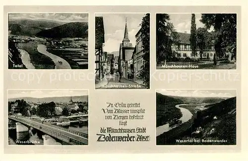 AK / Ansichtskarte Bodenwerder Totalansicht Muenchhausen Strasse Haus Weserbruecke Panorama Wesertal Bodenwerder