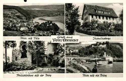AK / Ansichtskarte Polle_Oberweser Panorama Jugendherberge Dampfer Blick auf die Burg Freilichtbuehne Kupfertiefdruck Polle_Oberweser