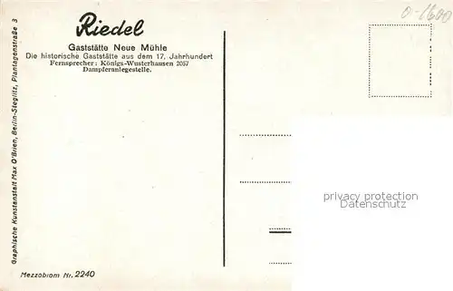 AK / Ansichtskarte Koenigs Wusterhausen Riedel Gaststaette Neue Muehle Ruderboote Dampfer Anleger Mezzobrom Nr 2240 Koenigs Wusterhausen